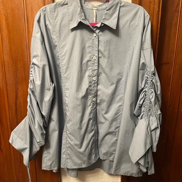 Free People Brown Eyed Girl Light Blue Poplin Button Down Shirt - Picture 2 of 4